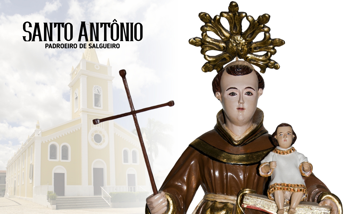 Montagem com imagem da estátua de Santo Antônio com a Igreja Matriz ao Fundo (Montagem)