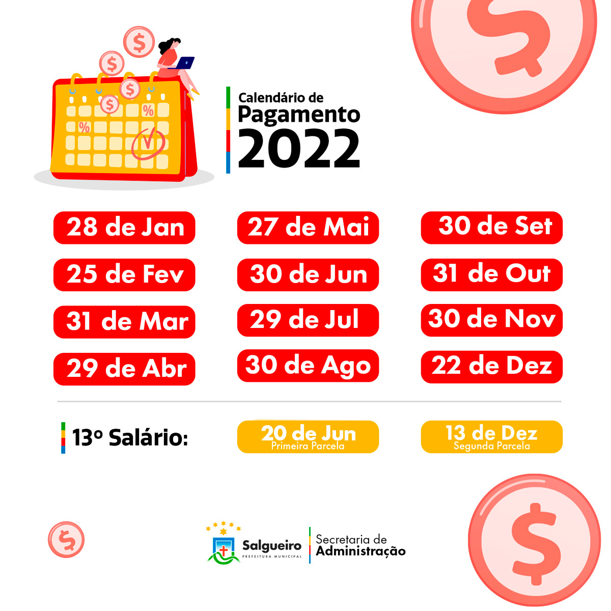 Prefeitura do Salgueiro divulga calendário de pagamento dos servidores em 2022