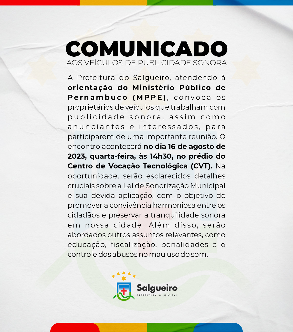 Prefeitura de Salgueiro convoca encontro para esclarecer Lei de Sonorização Municipal e suas implicações